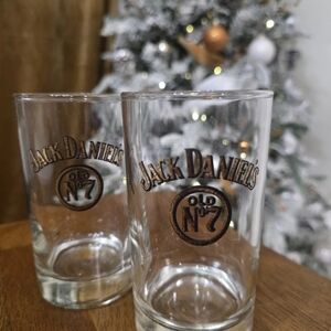 VTG Jack Daniels Old No 7 Tennessee Whiskey Gold Blck Letter Highball Glass Pair